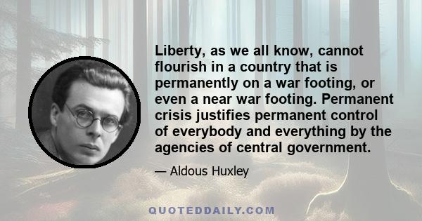 Liberty, as we all know, cannot flourish in a country that is permanently on a war footing, or even a near war footing. Permanent crisis justifies permanent control of everybody and everything by the agencies of central 