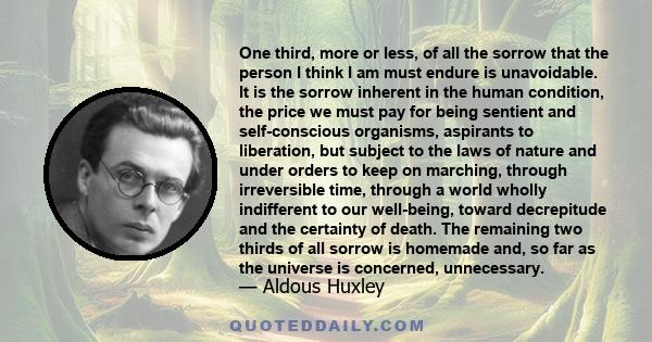 One third, more or less, of all the sorrow that the person I think I am must endure is unavoidable. It is the sorrow inherent in the human condition, the price we must pay for being sentient and self-conscious