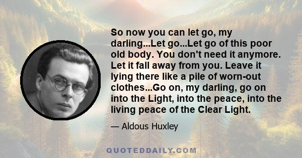 So now you can let go, my darling...Let go...Let go of this poor old body. You don't need it anymore. Let it fall away from you. Leave it lying there like a pile of worn-out clothes...Go on, my darling, go on into the