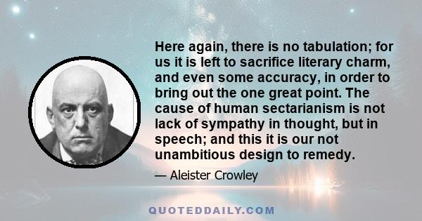 Here again, there is no tabulation; for us it is left to sacrifice literary charm, and even some accuracy, in order to bring out the one great point. The cause of human sectarianism is not lack of sympathy in thought,