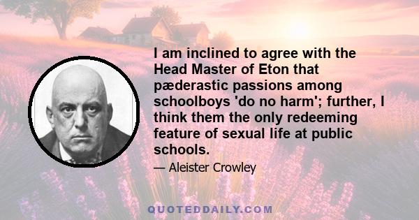 I am inclined to agree with the Head Master of Eton that pæderastic passions among schoolboys 'do no harm'; further, I think them the only redeeming feature of sexual life at public schools.