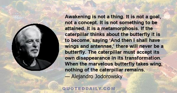 Awakening is not a thing. It is not a goal, not a concept. It is not something to be attained. It is a metamorphosis. If the caterpillar thinks about the butterfly it is to become, saying ‘And then I shall have wings