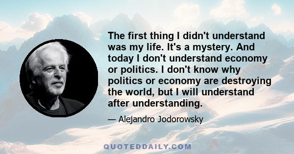 The first thing I didn't understand was my life. It's a mystery. And today I don't understand economy or politics. I don't know why politics or economy are destroying the world, but I will understand after understanding.