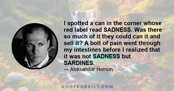 I spotted a can in the corner whose red label read SADNESS. Was there so much of it they could can it and sell it? A bolt of pain went through my intestines before I realized that it was not SADNESS but SARDINES.