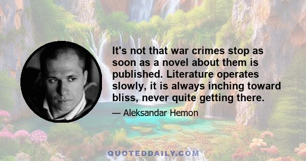 It's not that war crimes stop as soon as a novel about them is published. Literature operates slowly, it is always inching toward bliss, never quite getting there.