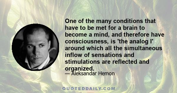 One of the many conditions that have to be met for a brain to become a mind, and therefore have consciousness, is 'the analog I' around which all the simultaneous inflow of sensations and stimulations are reflected and