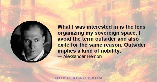 What I was interested in is the lens organizing my sovereign space. I avoid the term outsider and also exile for the same reason. Outsider implies a kind of nobility.