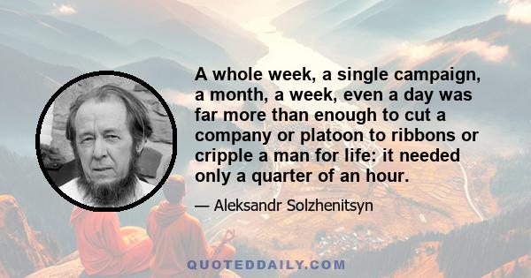 A whole week, a single campaign, a month, a week, even a day was far more than enough to cut a company or platoon to ribbons or cripple a man for life: it needed only a quarter of an hour.