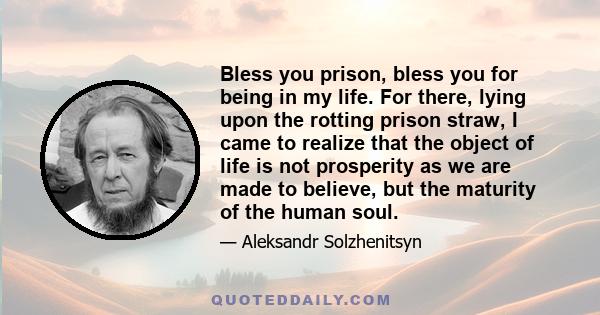 Bless you prison, bless you for being in my life. For there, lying upon the rotting prison straw, I came to realize that the object of life is not prosperity as we are made to believe, but the maturity of the human soul.