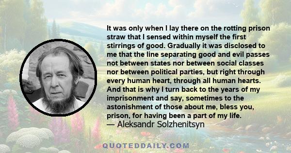 It was only when I lay there on the rotting prison straw that I sensed within myself the first stirrings of good. Gradually it was disclosed to me that the line separating good and evil passes not between states nor