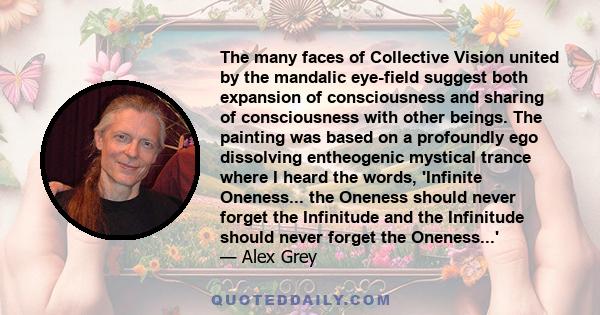 The many faces of Collective Vision united by the mandalic eye-field suggest both expansion of consciousness and sharing of consciousness with other beings. The painting was based on a profoundly ego dissolving