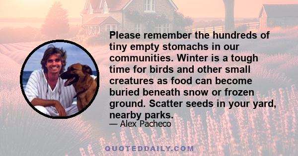 Please remember the hundreds of tiny empty stomachs in our communities. Winter is a tough time for birds and other small creatures as food can become buried beneath snow or frozen ground. Scatter seeds in your yard,