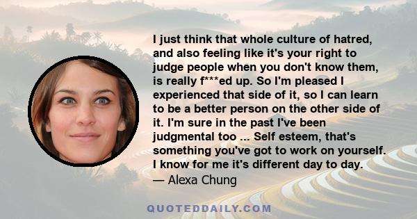 I just think that whole culture of hatred, and also feeling like it's your right to judge people when you don't know them, is really f***ed up. So I'm pleased I experienced that side of it, so I can learn to be a better 