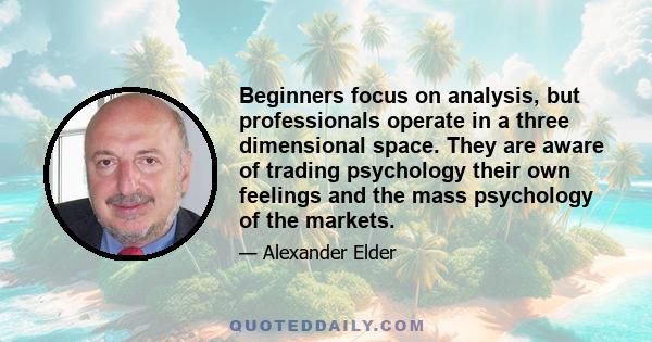 Beginners focus on analysis, but professionals operate in a three dimensional space. They are aware of trading psychology their own feelings and the mass psychology of the markets.