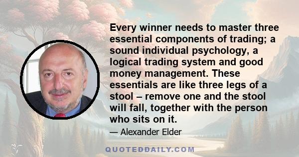 Every winner needs to master three essential components of trading; a sound individual psychology, a logical trading system and good money management. These essentials are like three legs of a stool – remove one and the 