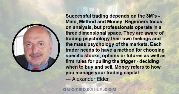 Successful trading depends on the 3M`s - Mind, Method and Money. Beginners focus on analysis, but professionals operate in a three dimensional space. They are aware of trading psychology their own feelings and the mass