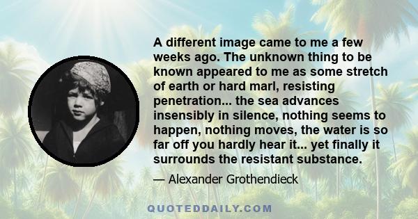 A different image came to me a few weeks ago. The unknown thing to be known appeared to me as some stretch of earth or hard marl, resisting penetration... the sea advances insensibly in silence, nothing seems to happen, 