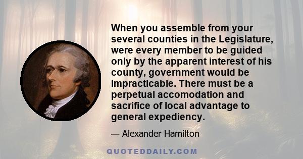 When you assemble from your several counties in the Legislature, were every member to be guided only by the apparent interest of his county, government would be impracticable. There must be a perpetual accomodation and