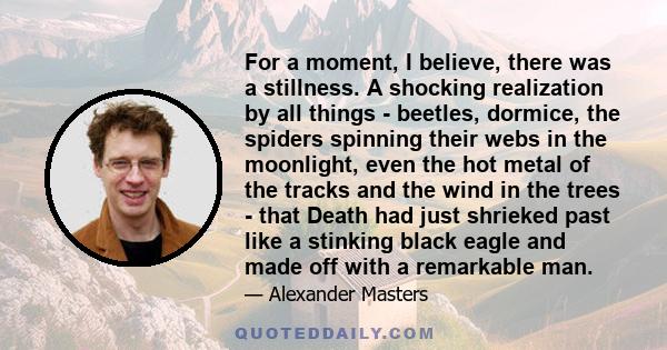 For a moment, I believe, there was a stillness. A shocking realization by all things - beetles, dormice, the spiders spinning their webs in the moonlight, even the hot metal of the tracks and the wind in the trees -