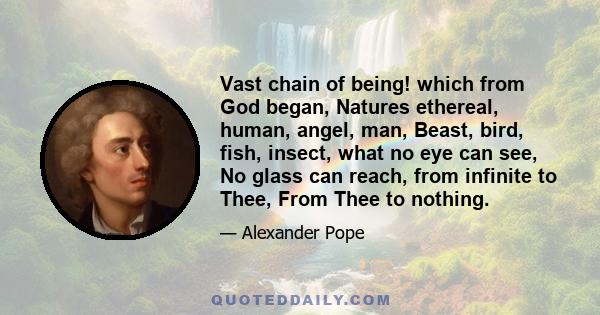 Vast chain of being! which from God began, Natures ethereal, human, angel, man, Beast, bird, fish, insect, what no eye can see, No glass can reach, from infinite to Thee, From Thee to nothing.