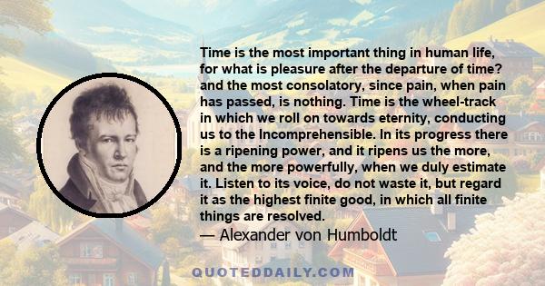 Time is the most important thing in human life, for what is pleasure after the departure of time? and the most consolatory, since pain, when pain has passed, is nothing. Time is the wheel-track in which we roll on