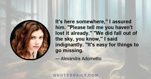 It's here somewhere, I assured him. Please tell me you haven't lost it already. We did fall out of the sky, you know, I said indignantly. It's easy for things to go missing.