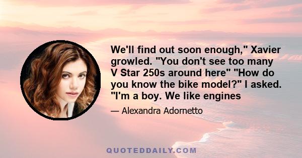 We'll find out soon enough, Xavier growled. You don't see too many V Star 250s around here How do you know the bike model? I asked. I'm a boy. We like engines