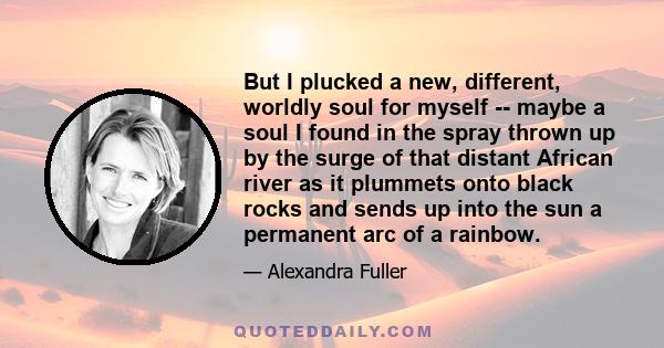 But I plucked a new, different, worldly soul for myself -- maybe a soul I found in the spray thrown up by the surge of that distant African river as it plummets onto black rocks and sends up into the sun a permanent arc 