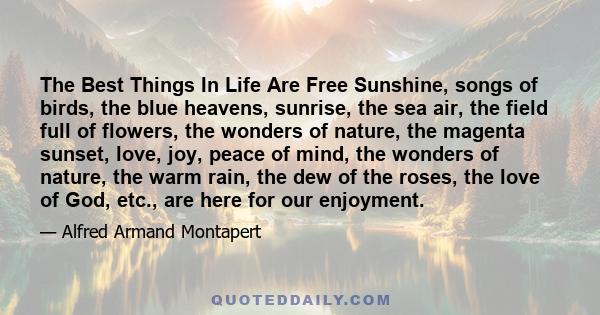 The Best Things In Life Are Free Sunshine, songs of birds, the blue heavens, sunrise, the sea air, the field full of flowers, the wonders of nature, the magenta sunset, love, joy, peace of mind, the wonders of nature,