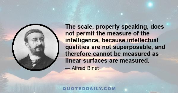 The scale, properly speaking, does not permit the measure of the intelligence, because intellectual qualities are not superposable, and therefore cannot be measured as linear surfaces are measured.