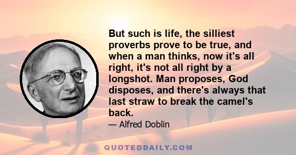 But such is life, the silliest proverbs prove to be true, and when a man thinks, now it's all right, it's not all right by a longshot. Man proposes, God disposes, and there's always that last straw to break the camel's