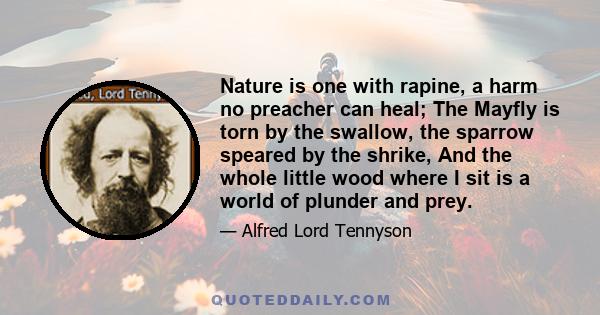 Nature is one with rapine, a harm no preacher can heal; The Mayfly is torn by the swallow, the sparrow speared by the shrike, And the whole little wood where I sit is a world of plunder and prey.