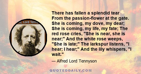 There has fallen a splendid tear From the passion-flower at the gate. She is coming, my dove, my dear; She is coming, my life, my fate; The red rose cries, She is near, she is near; And the white rose weeps, She is