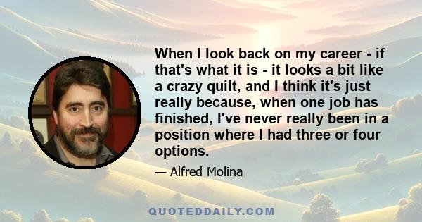 When I look back on my career - if that's what it is - it looks a bit like a crazy quilt, and I think it's just really because, when one job has finished, I've never really been in a position where I had three or four