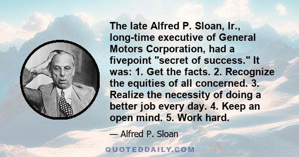 The late Alfred P. Sloan, Ir., long-time executive of General Motors Corporation, had a fivepoint secret of success. It was: 1. Get the facts. 2. Recognize the equities of all concerned. 3. Realize the necessity of