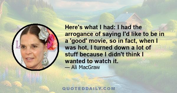 Here's what I had: I had the arrogance of saying I'd like to be in a 'good' movie, so in fact, when I was hot, I turned down a lot of stuff because I didn't think I wanted to watch it.