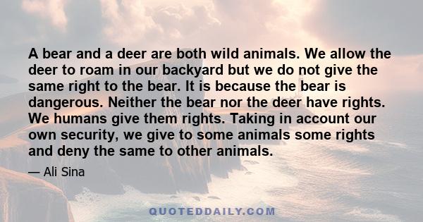 A bear and a deer are both wild animals. We allow the deer to roam in our backyard but we do not give the same right to the bear. It is because the bear is dangerous. Neither the bear nor the deer have rights. We humans 