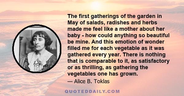 The first gatherings of the garden in May of salads, radishes and herbs made me feel like a mother about her baby - how could anything so beautiful be mine. And this emotion of wonder filled me for each vegetable as it