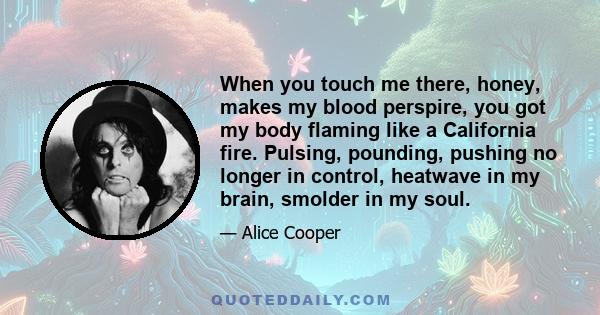 When you touch me there, honey, makes my blood perspire, you got my body flaming like a California fire. Pulsing, pounding, pushing no longer in control, heatwave in my brain, smolder in my soul.