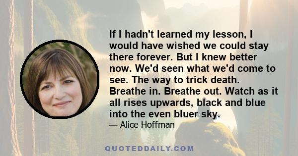 If I hadn't learned my lesson, I would have wished we could stay there forever. But I knew better now. We'd seen what we'd come to see. The way to trick death. Breathe in. Breathe out. Watch as it all rises upwards,