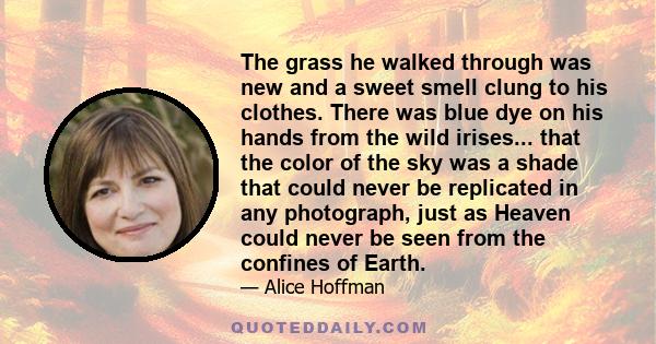 The grass he walked through was new and a sweet smell clung to his clothes. There was blue dye on his hands from the wild irises... that the color of the sky was a shade that could never be replicated in any photograph, 