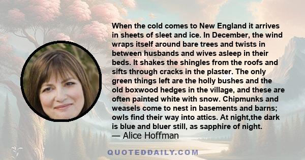 When the cold comes to New England it arrives in sheets of sleet and ice. In December, the wind wraps itself around bare trees and twists in between husbands and wives asleep in their beds. It shakes the shingles from