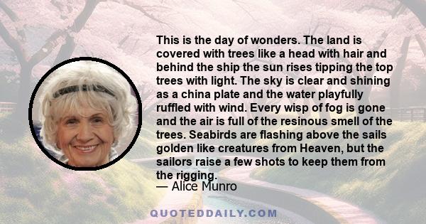 This is the day of wonders. The land is covered with trees like a head with hair and behind the ship the sun rises tipping the top trees with light. The sky is clear and shining as a china plate and the water playfully