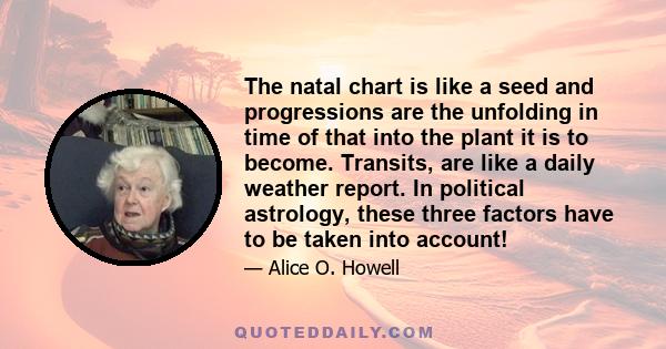 The natal chart is like a seed and progressions are the unfolding in time of that into the plant it is to become. Transits, are like a daily weather report. In political astrology, these three factors have to be taken