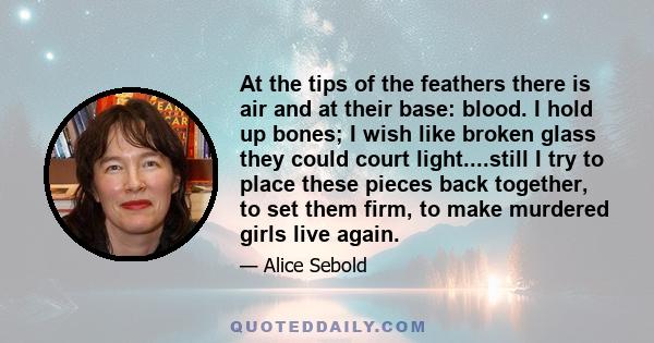 At the tips of the feathers there is air and at their base: blood. I hold up bones; I wish like broken glass they could court light....still I try to place these pieces back together, to set them firm, to make murdered