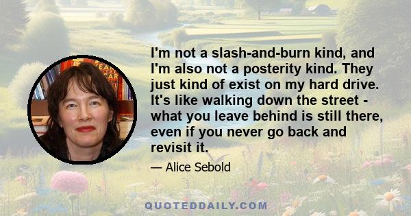 I'm not a slash-and-burn kind, and I'm also not a posterity kind. They just kind of exist on my hard drive. It's like walking down the street - what you leave behind is still there, even if you never go back and revisit 