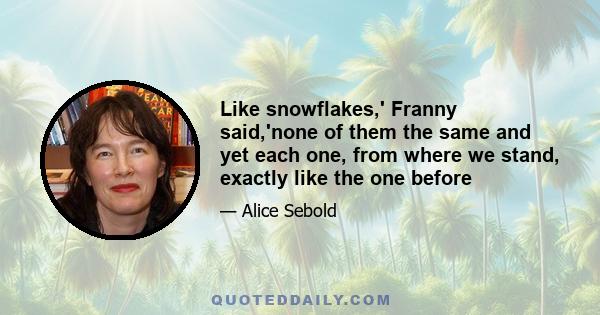 Like snowflakes,' Franny said,'none of them the same and yet each one, from where we stand, exactly like the one before