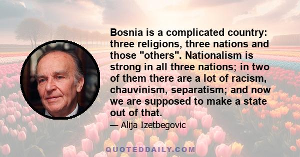 Bosnia is a complicated country: three religions, three nations and those others. Nationalism is strong in all three nations; in two of them there are a lot of racism, chauvinism, separatism; and now we are supposed to