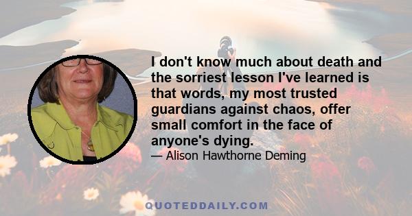 I don't know much about death and the sorriest lesson I've learned is that words, my most trusted guardians against chaos, offer small comfort in the face of anyone's dying.