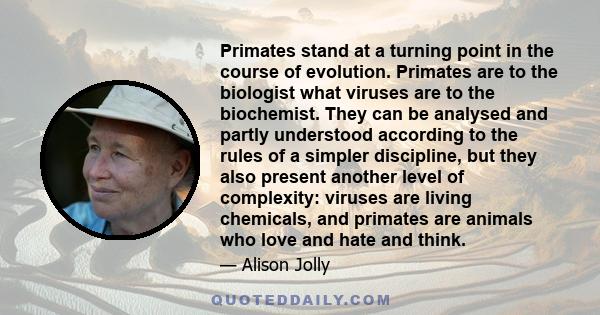 Primates stand at a turning point in the course of evolution. Primates are to the biologist what viruses are to the biochemist. They can be analysed and partly understood according to the rules of a simpler discipline,